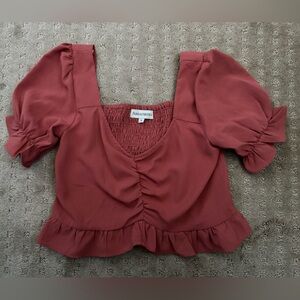 Square-Neck Rust Puff Sleeve Peplum Top